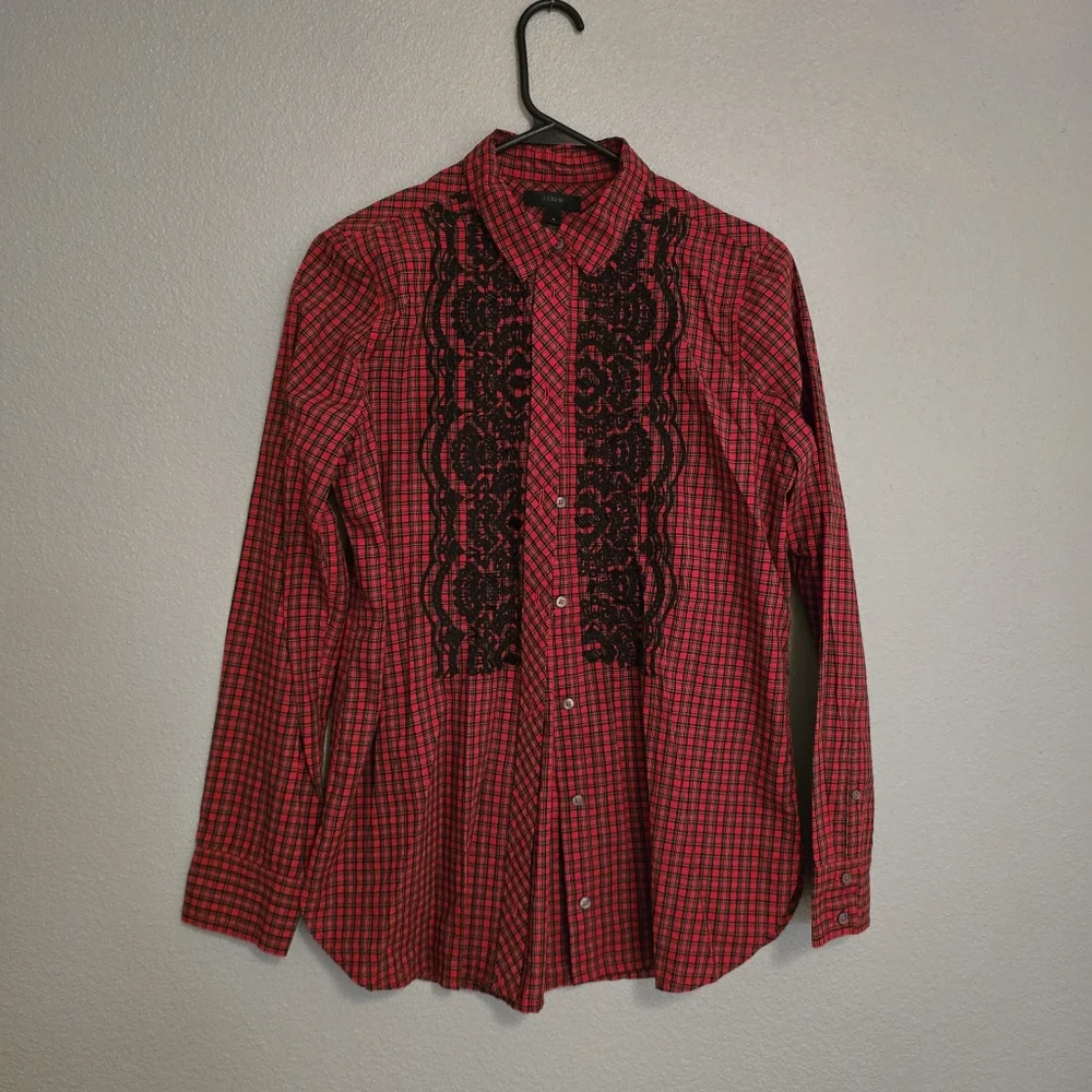 J. Crew Red and Black Lace Detail Shirt - Picture 4 of 6